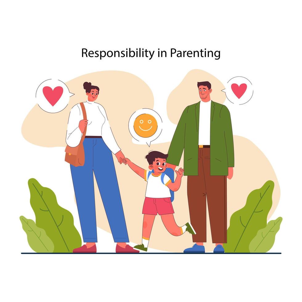 Positive parenting. Happy family, mom dad and son. Nurturing of your child's vector
