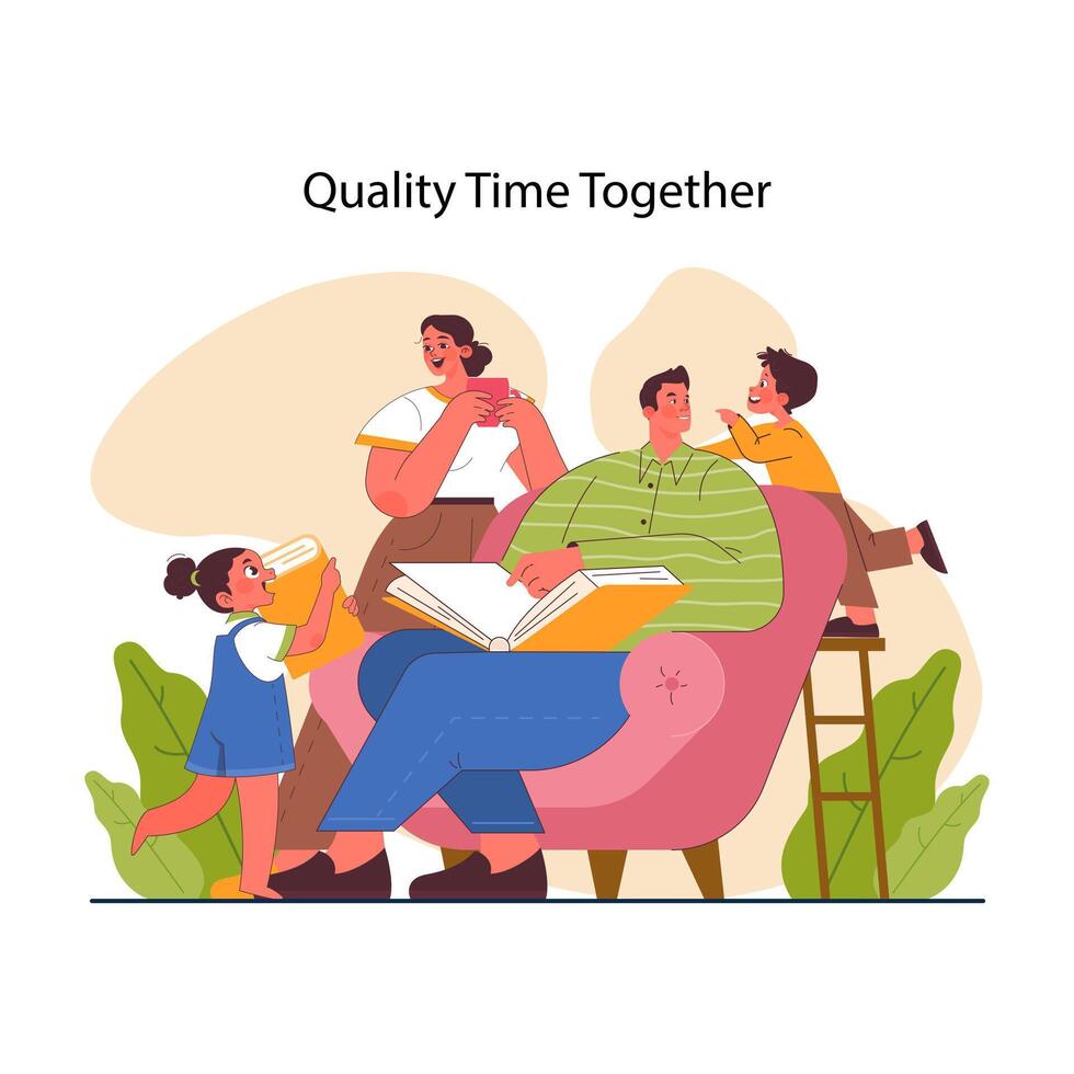 Positive parenting. Family time. Mother, father and kids communication vector