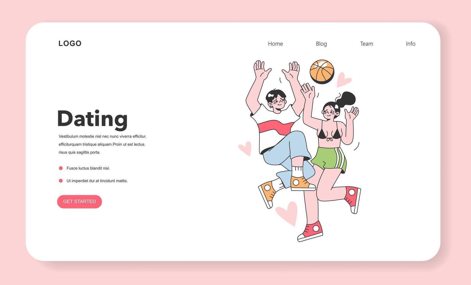 Happy cute lovers, young couple playing volleyball on the beach. vector