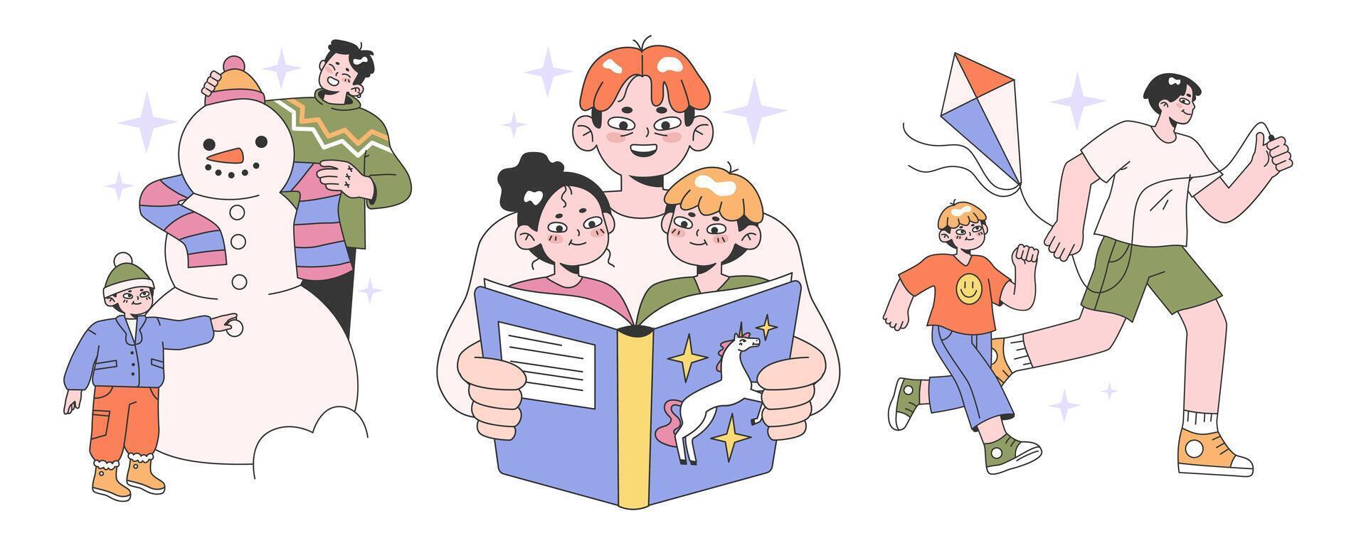 Father and children relationships set. Happy loving family, positive parenting vector