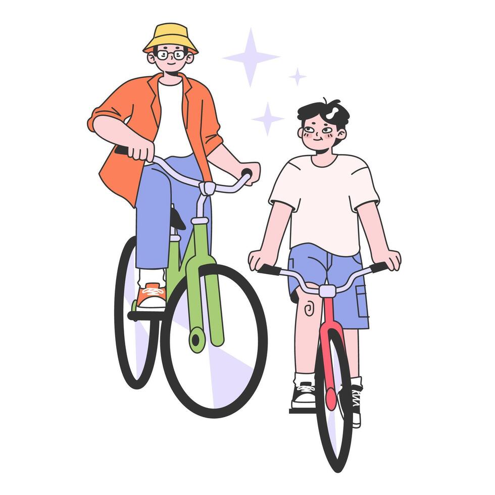 Father and son relationship. Family riding a bicycles. Happy father and kid vector