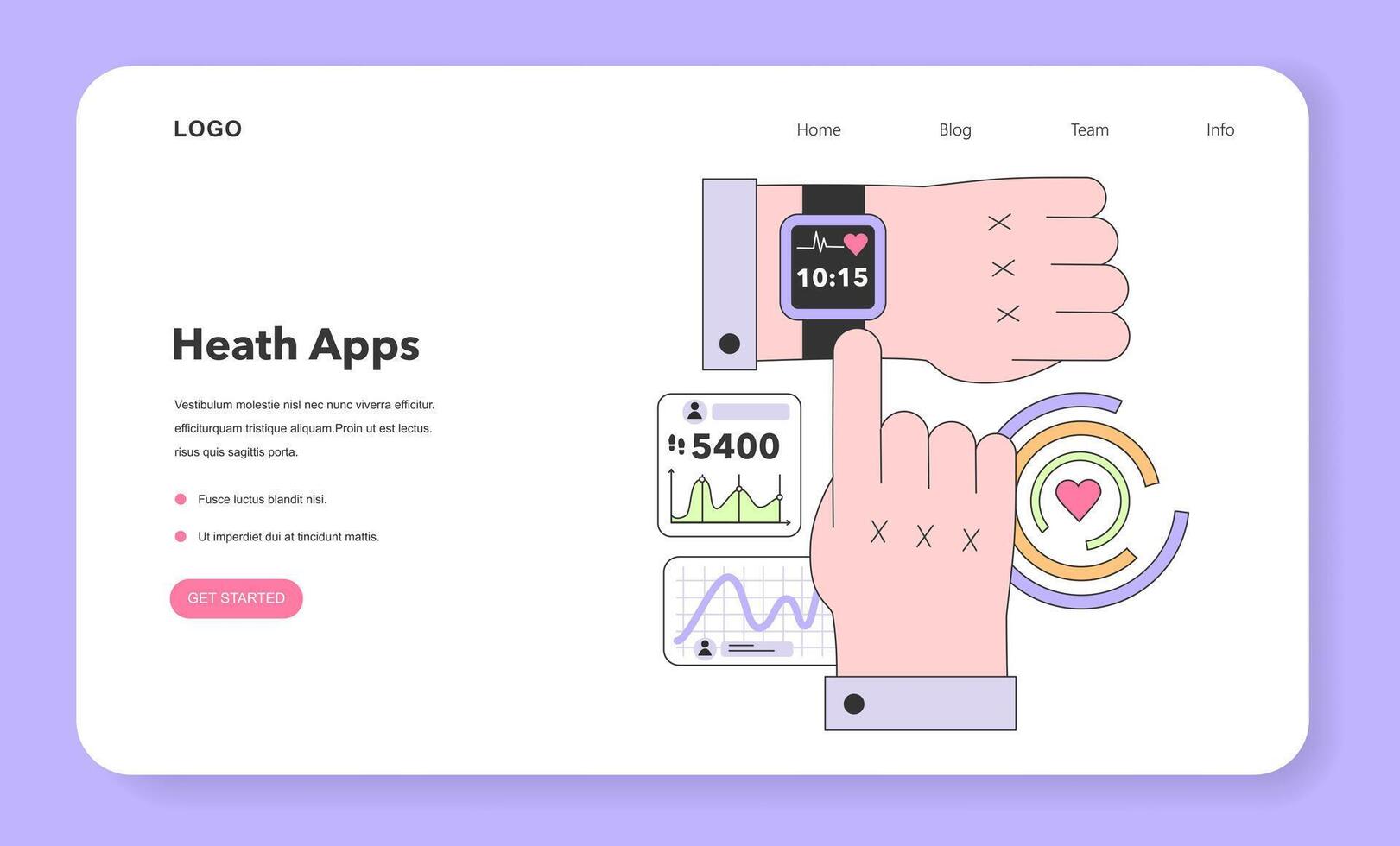 Health tracker smart watch web banner or landing page. Character vector