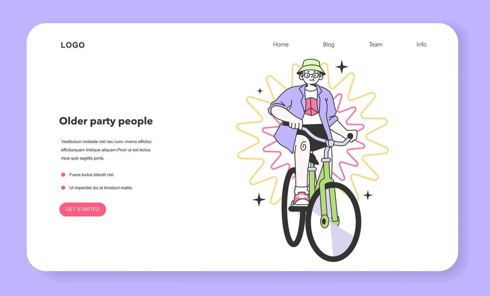 Mature character riding a bicycle web banner or landing page. vector