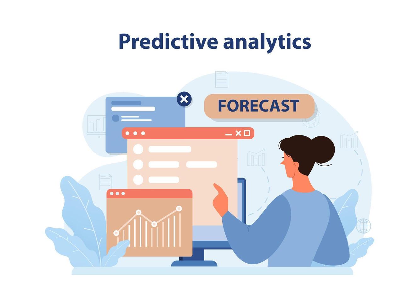 Predictive analytics. Process of using data to forecast future outcome. vector
