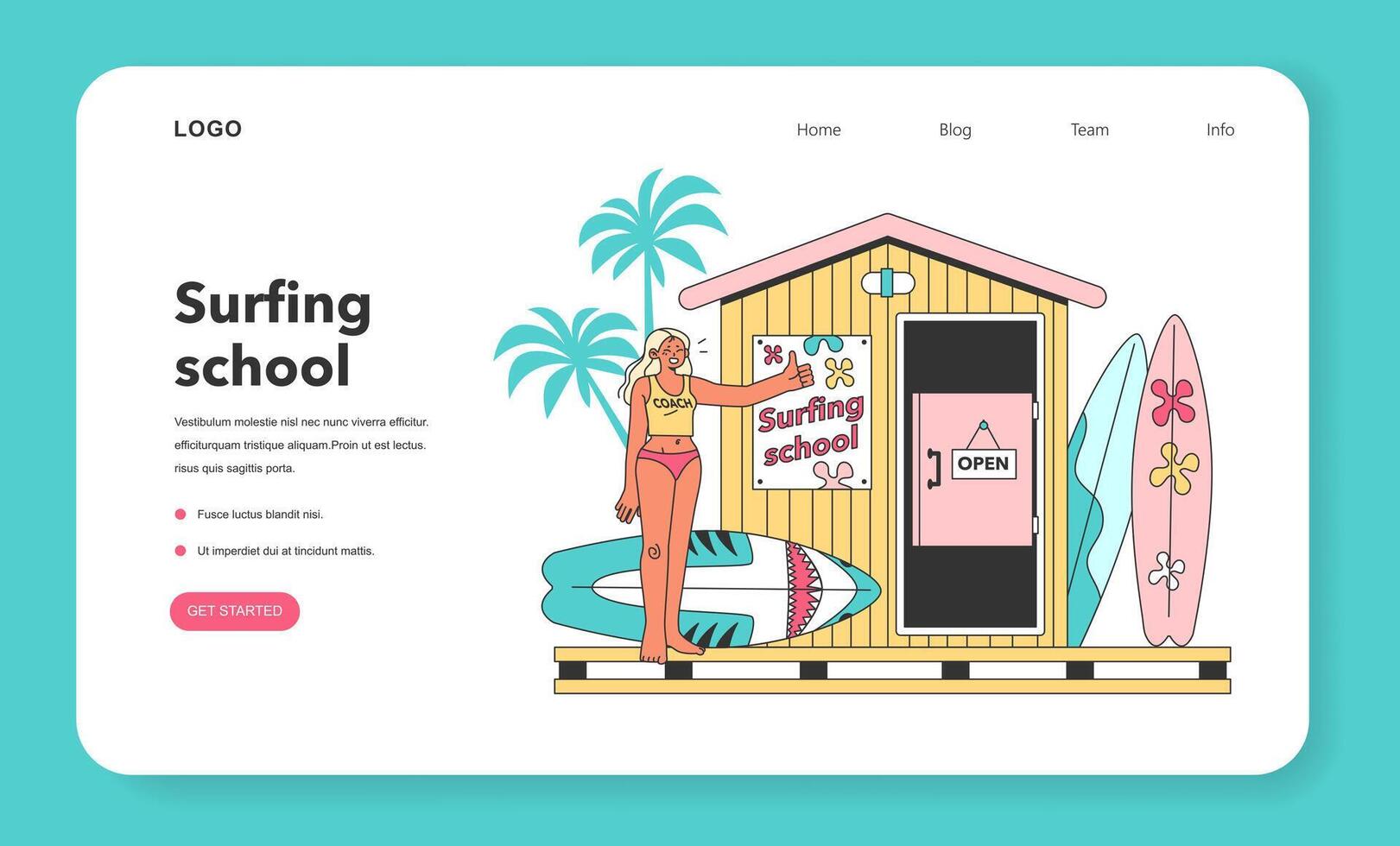 Surfing school. Character in a swimsuit spending time on the beach vector
