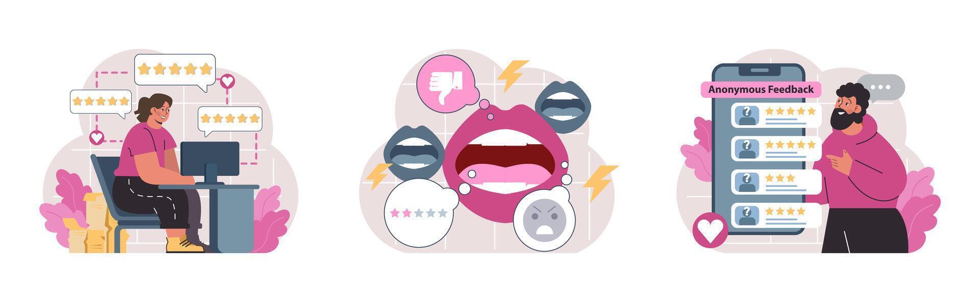 Customer feedback set. Consumer reviews public exchange. Sharing vector