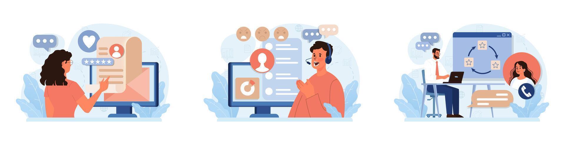 Customer feedback set. Consumer reviews public exchange. Sharing vector