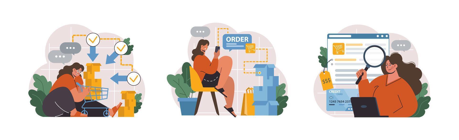 E-commerce set. Online shopping, character purchasing goods on a website vector
