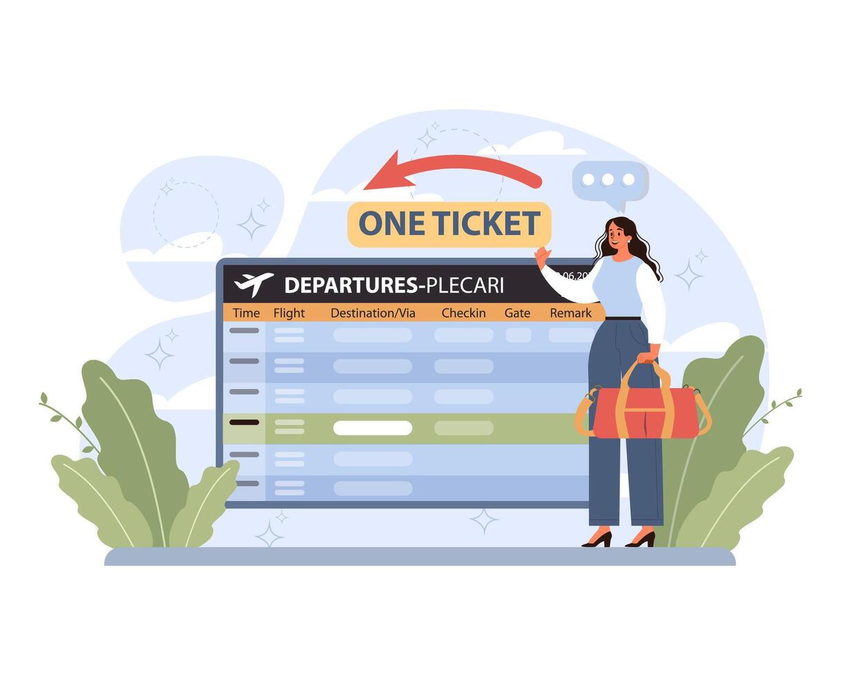 Solo travel, honeymoon. Woman at the airport with luggage. Female vector