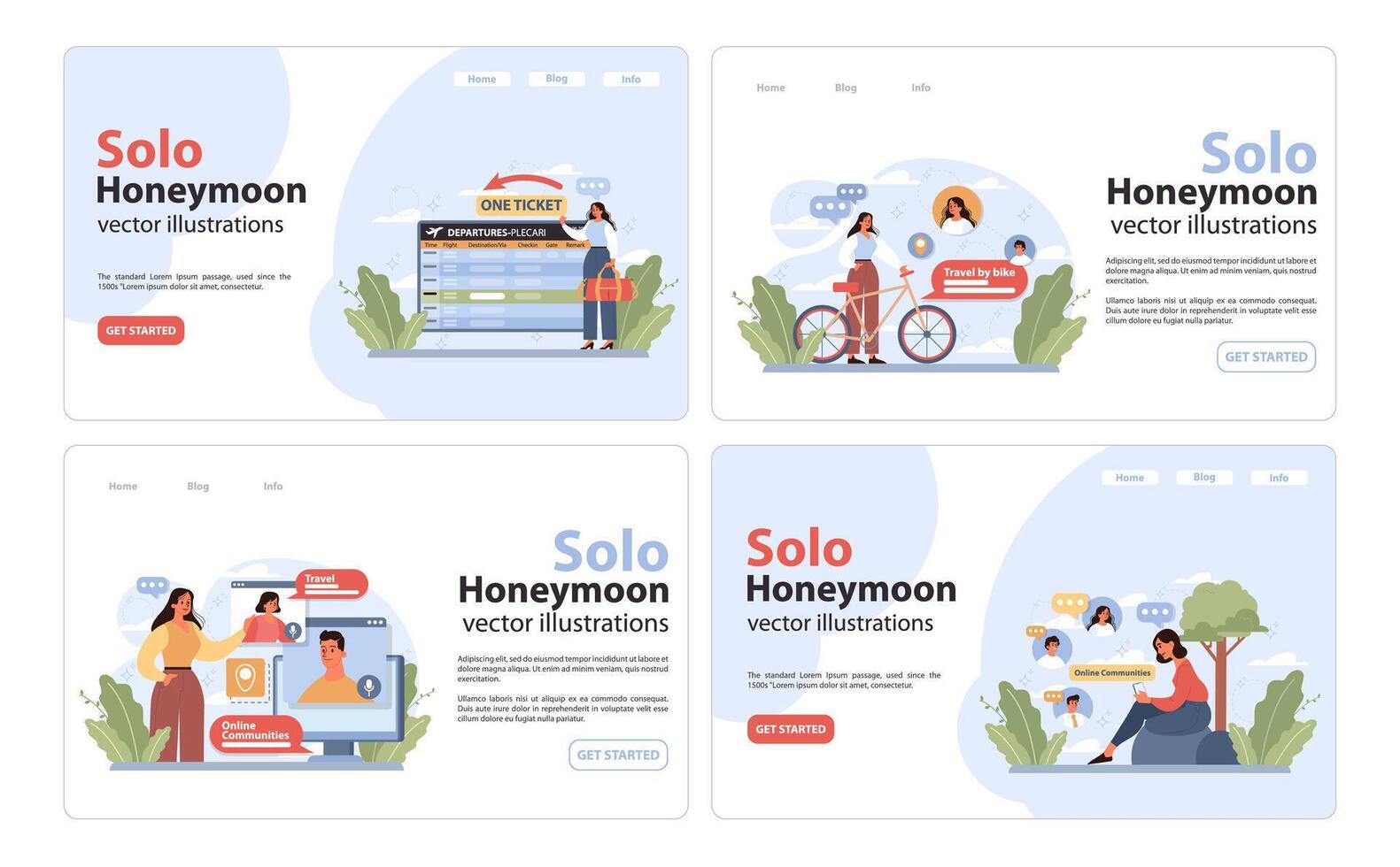 Solo travel, honeymoon web banner or landing page set. Female character vector