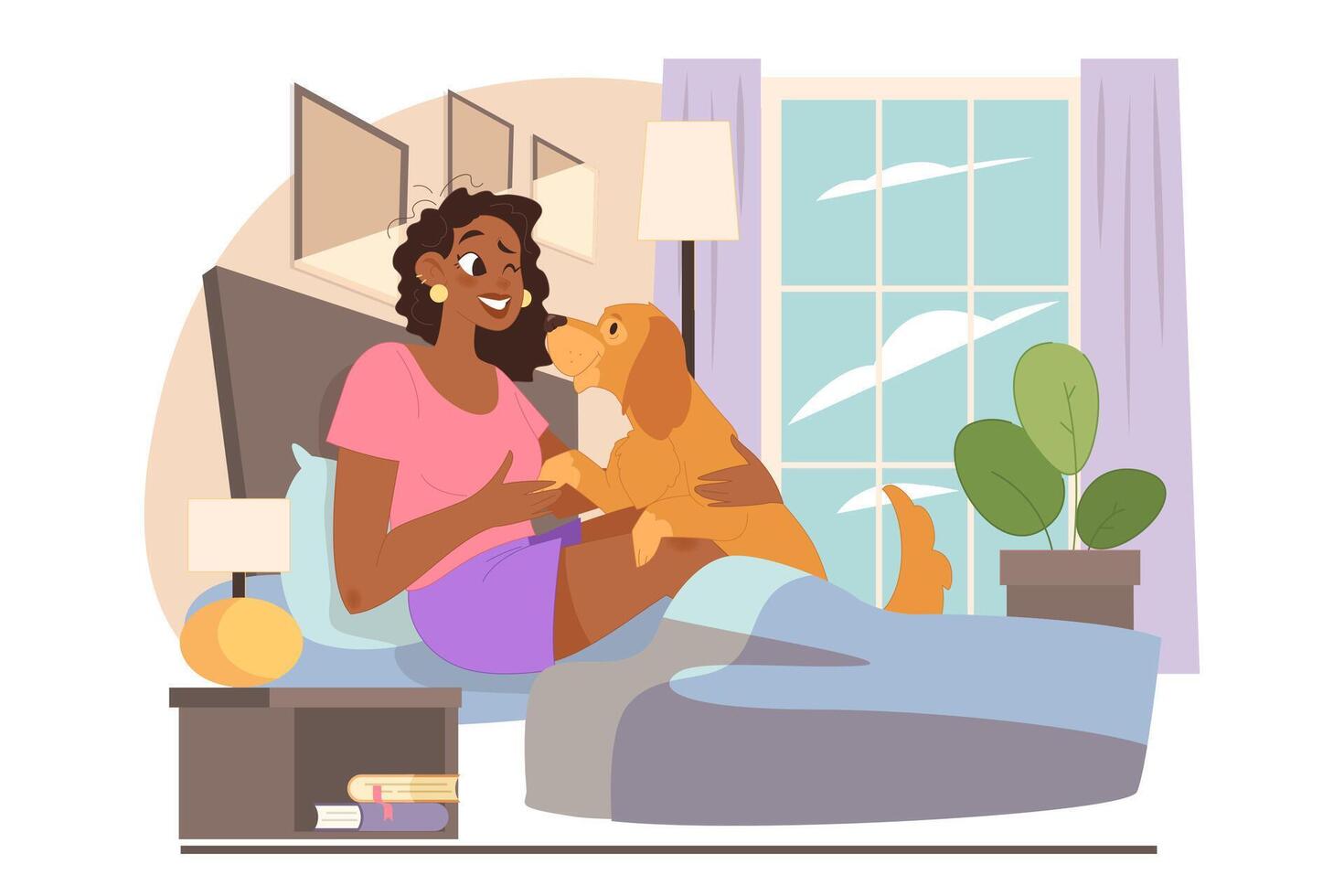 Black female character with a dog lie in the bed together. Happy woman vector