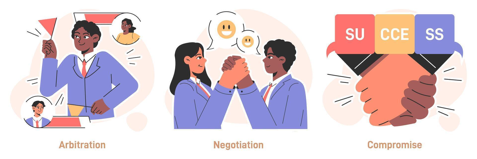 Conflict management set. Character with conflict resolution skill. Person vector