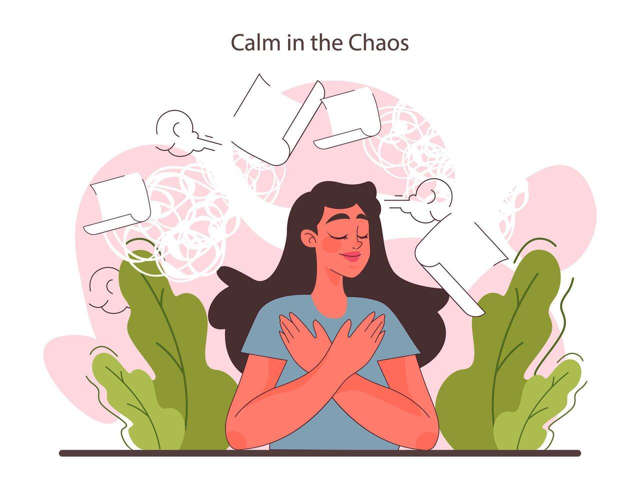 Resilience. Calm female character with chaos aroud. Mental vector