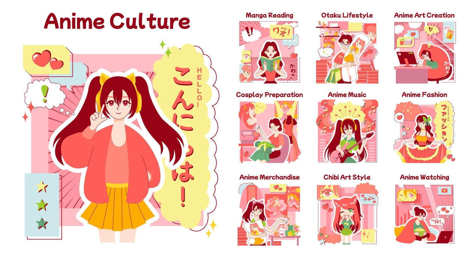 Anime culture set. Otaku or geek lifestyle, popular japanese cartoons vector