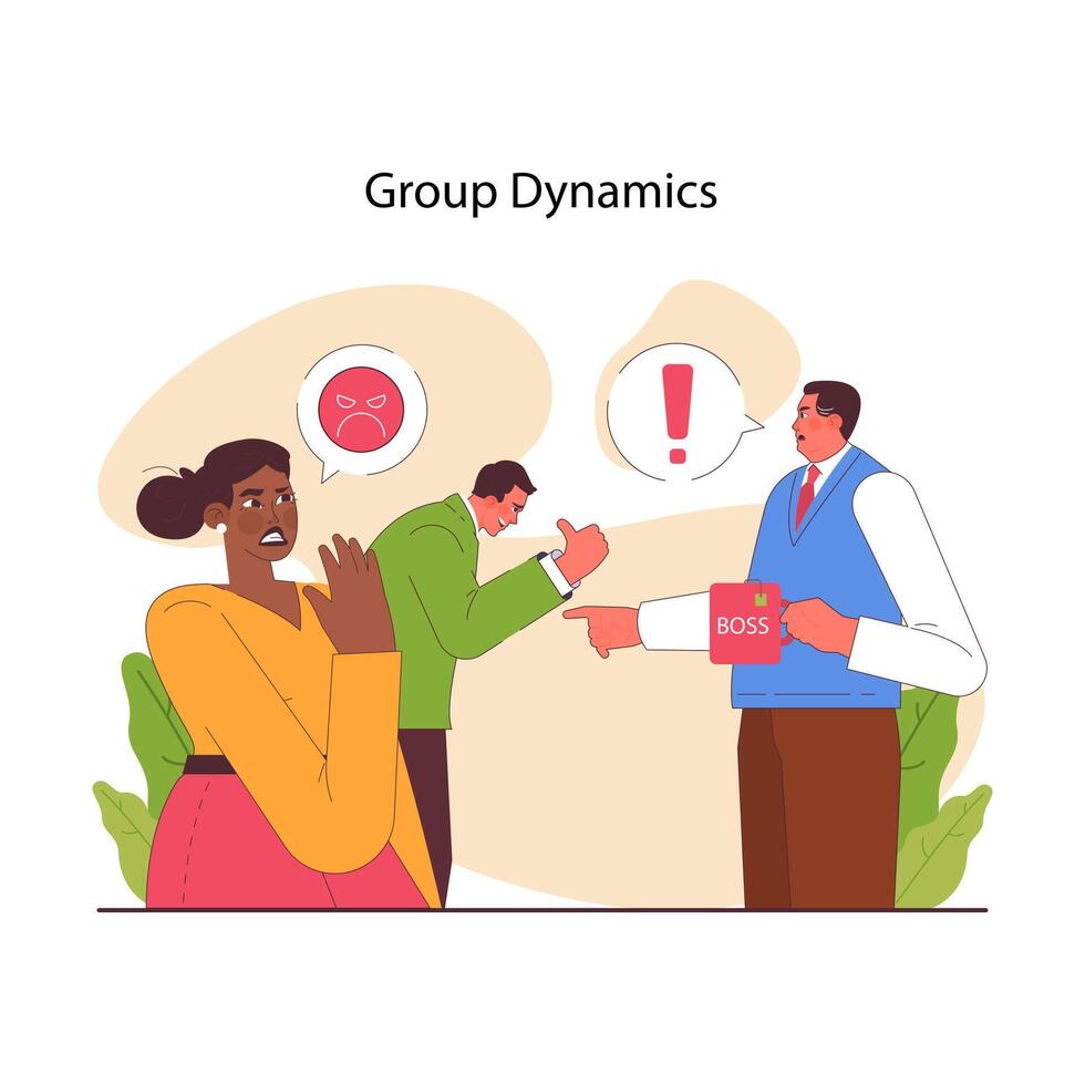 Socialization. Black woman doesn't like her coworker cozy up to her boss. vector