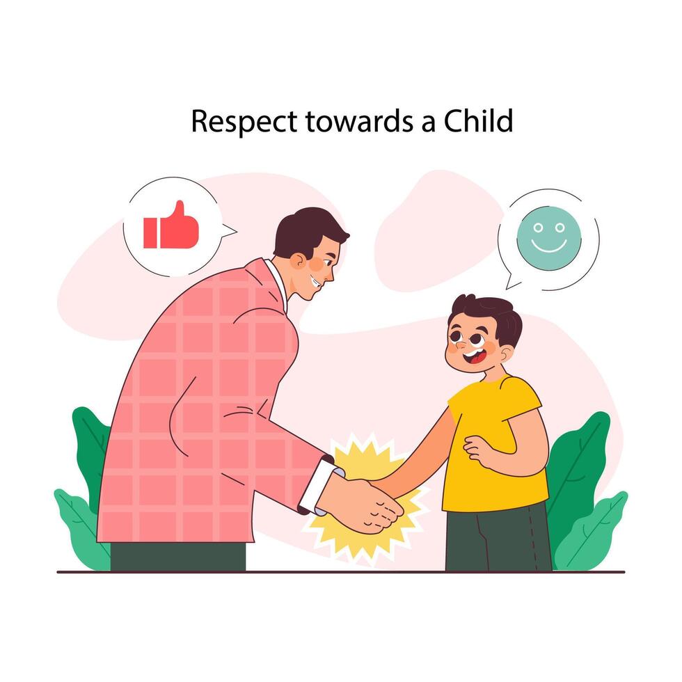 Positive parenting. Dad showing respect towards his little son. vector