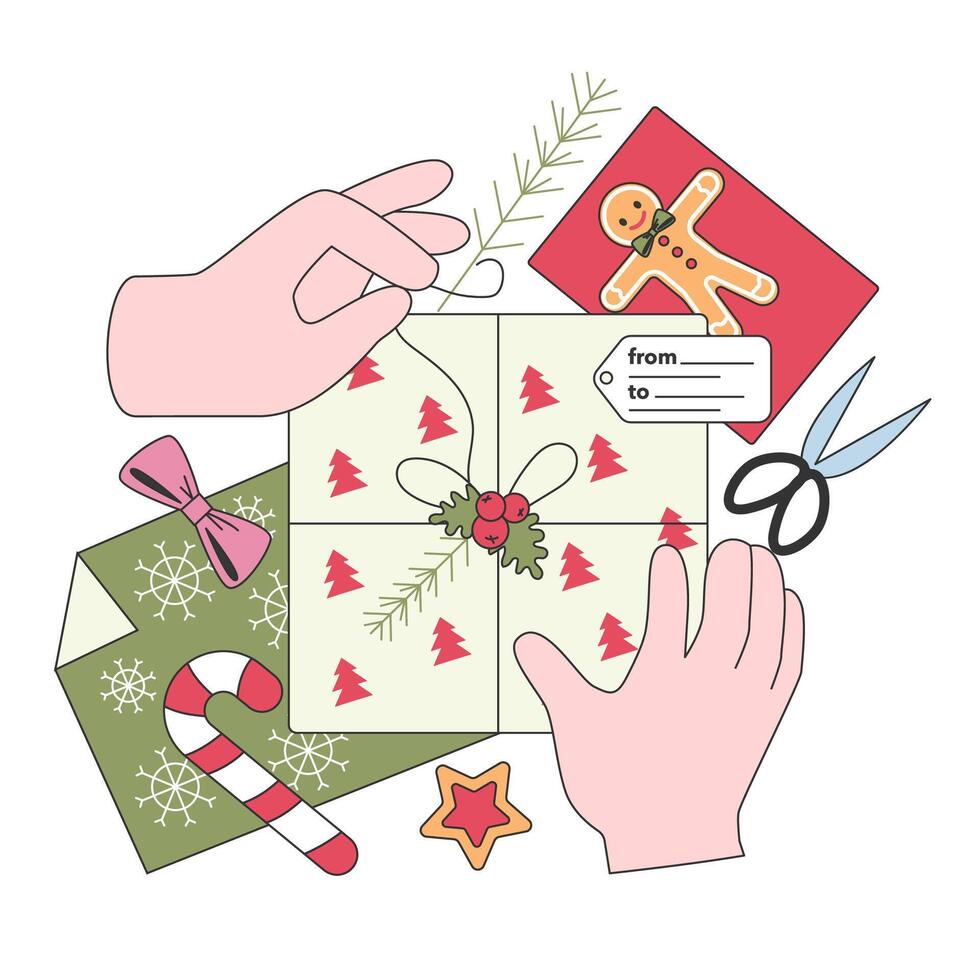 Festive tradition, hands wrapping presents with colorful paper and cards. vector