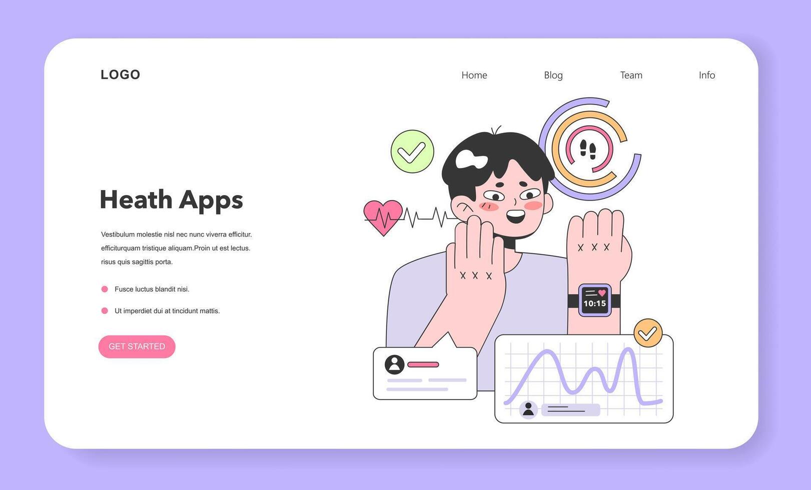 Health tracker smart watch web banner or landing page. Character vector