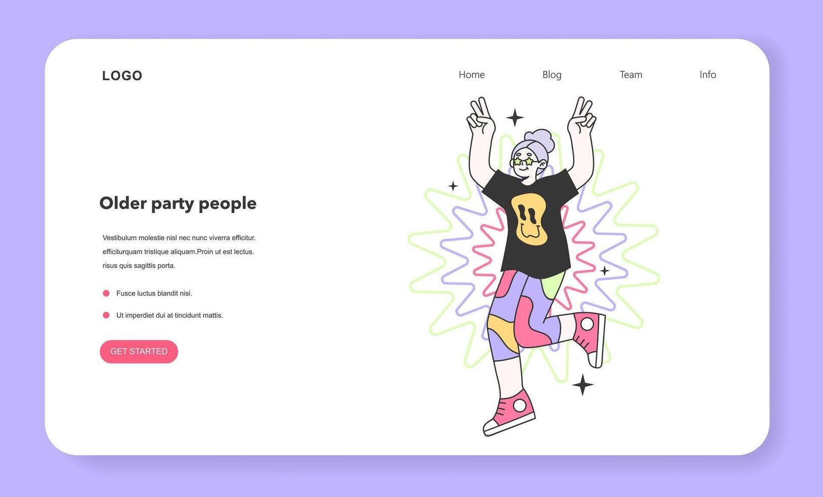 Mature character at the party web banner or landing page. vector