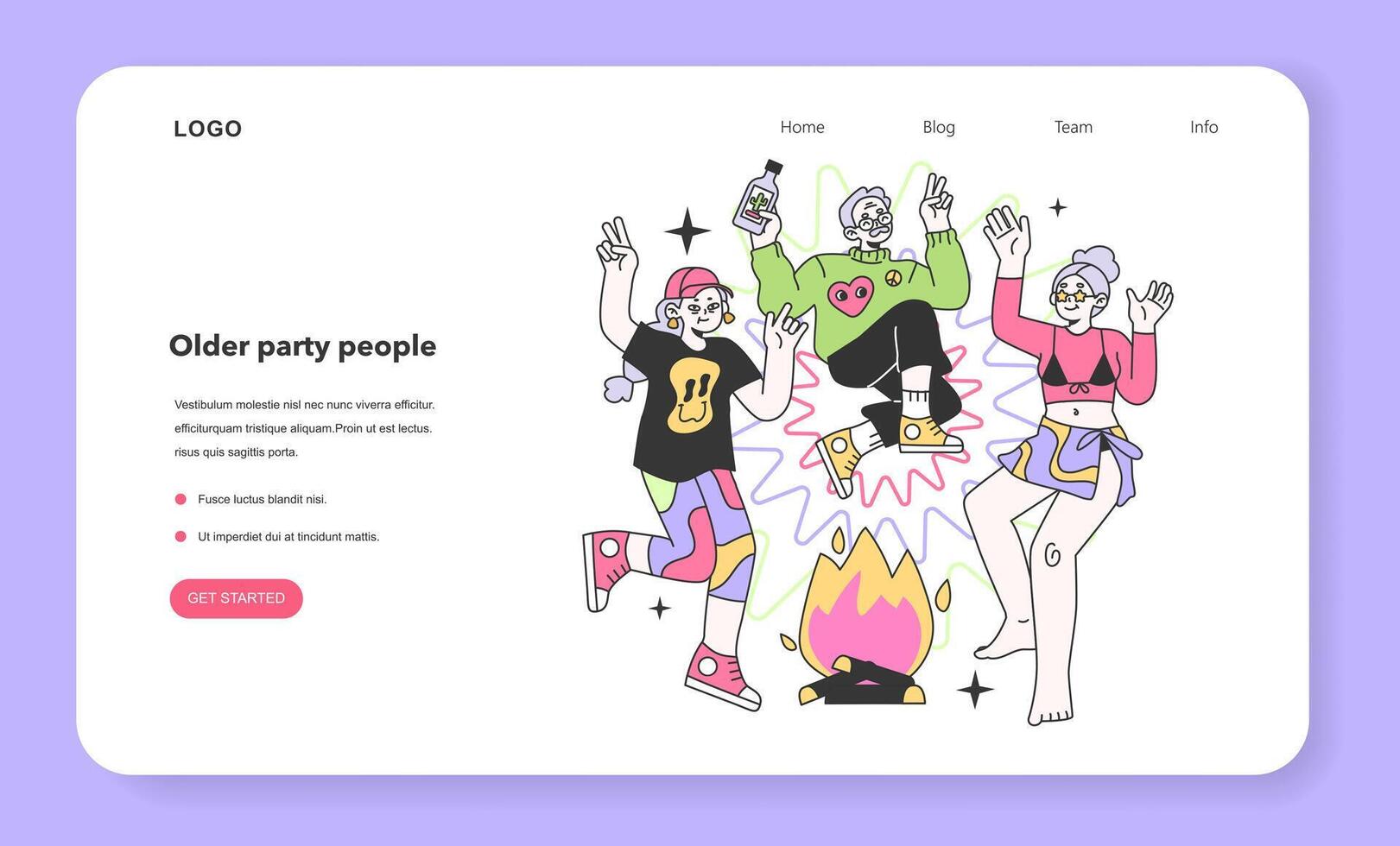Mature characters dancing and drinking alcohol at festival campsite vector