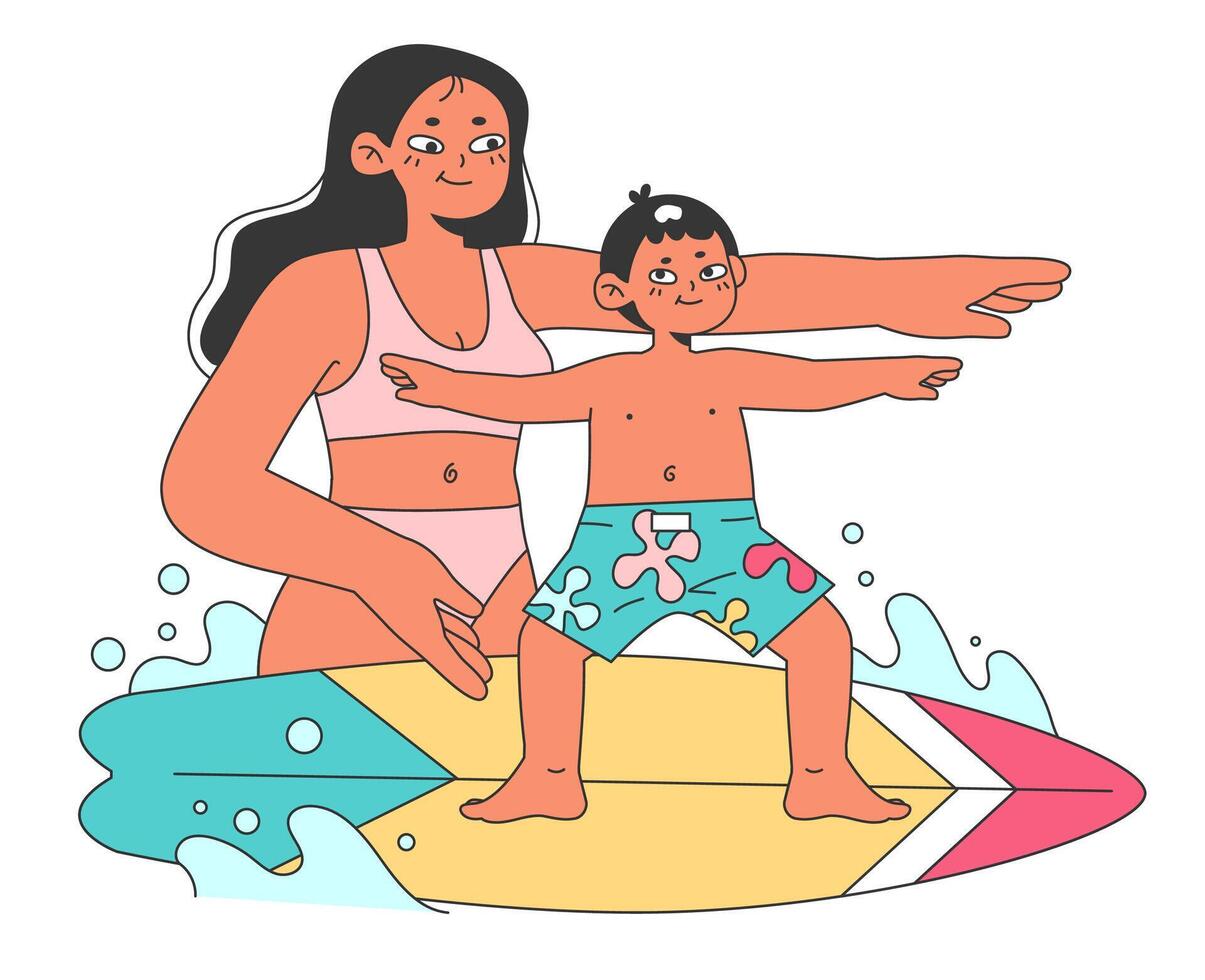 Surfing school. Character in a swimsuit spending time on the beach vector