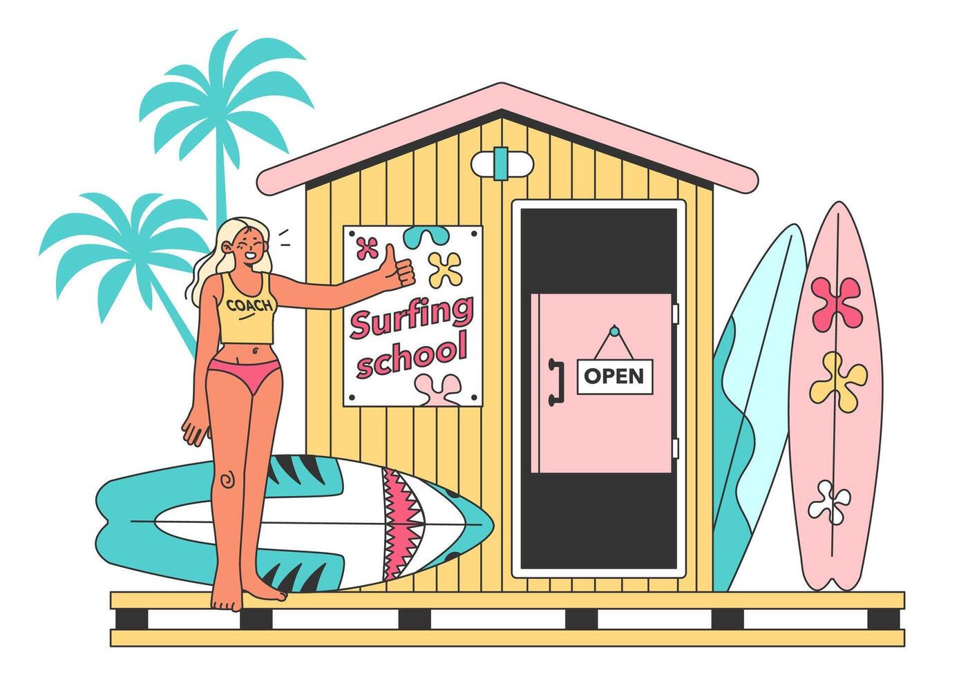Surfing school. Character in a swimsuit spending time on the beach vector