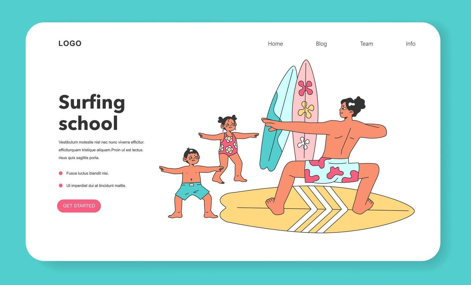 Surfing school. Character in a swimsuit spending time on the beach vector