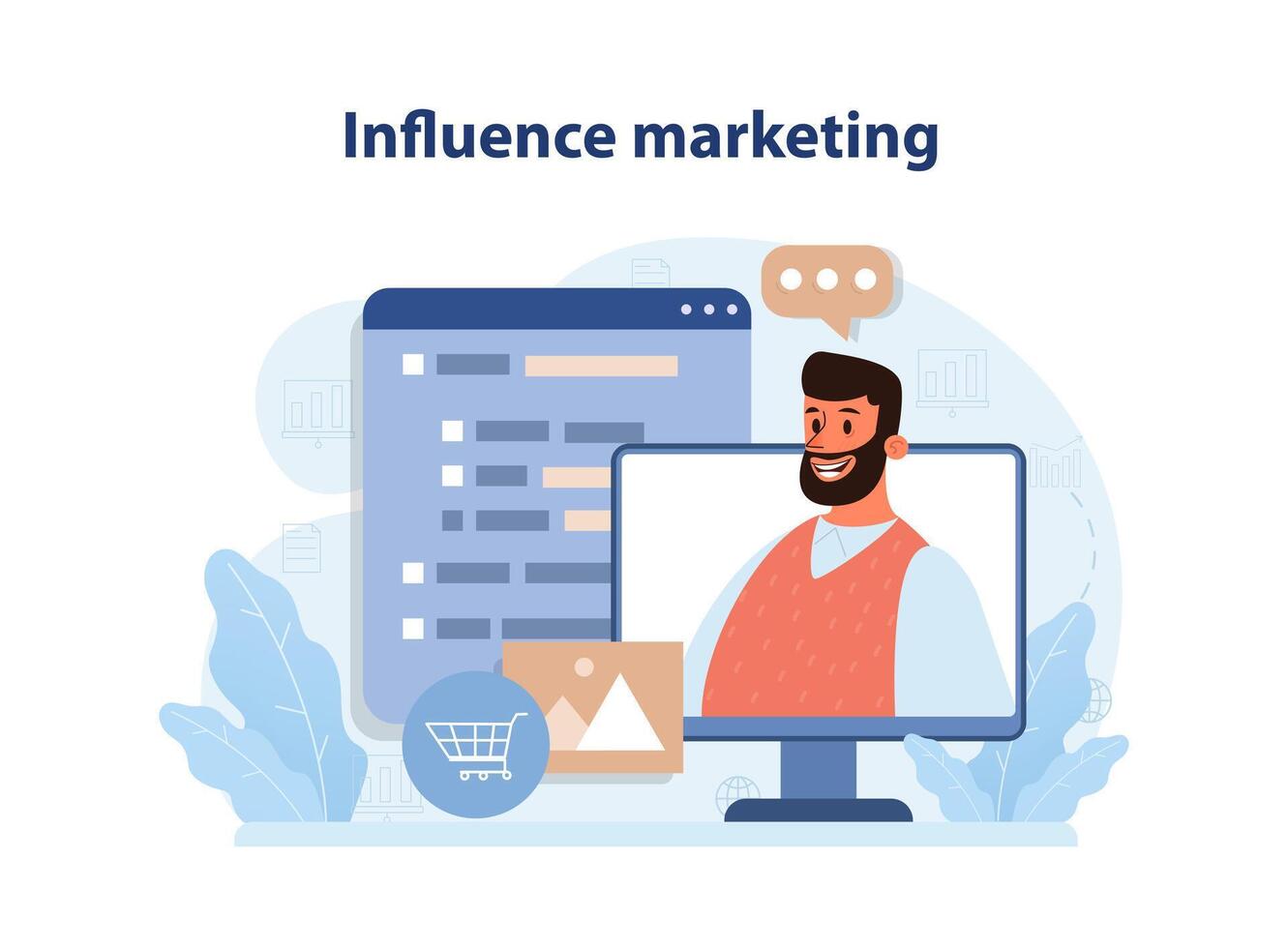 Influencer marketing. Digital promotion in social networks. Website vector