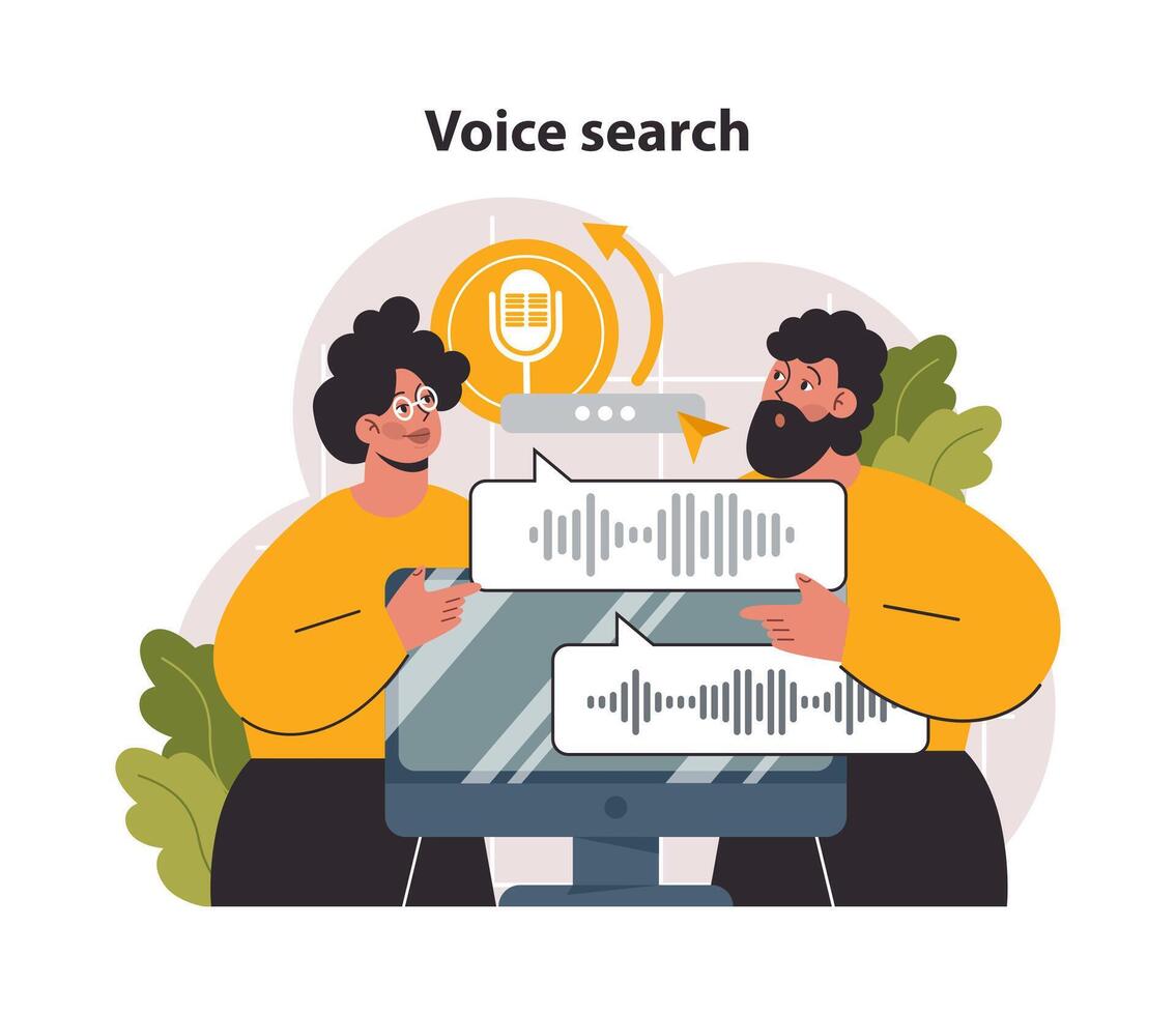 Voice search. Artificial intelligence virtual assistant. Character speaking vector