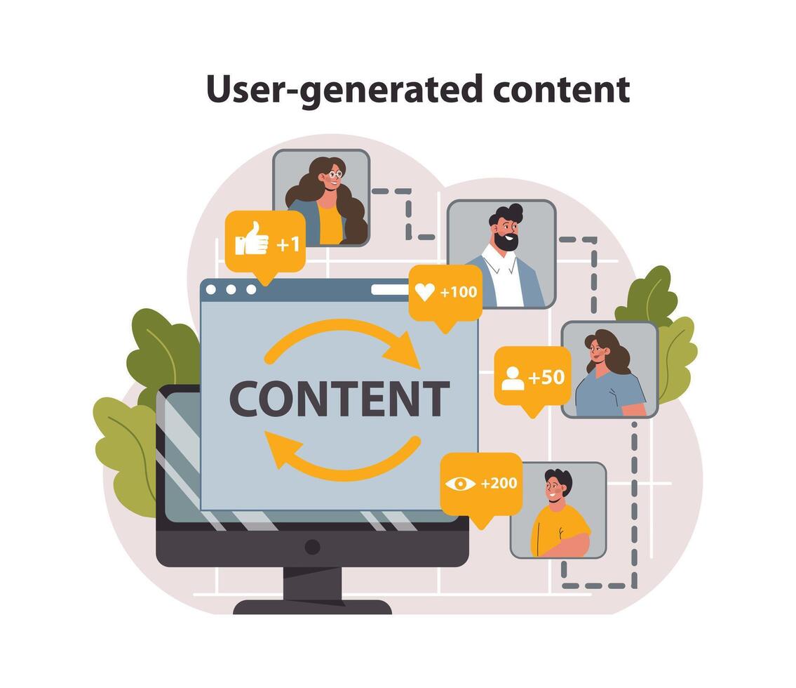 UGC or user generated content. Content marketing. Social media communication vector