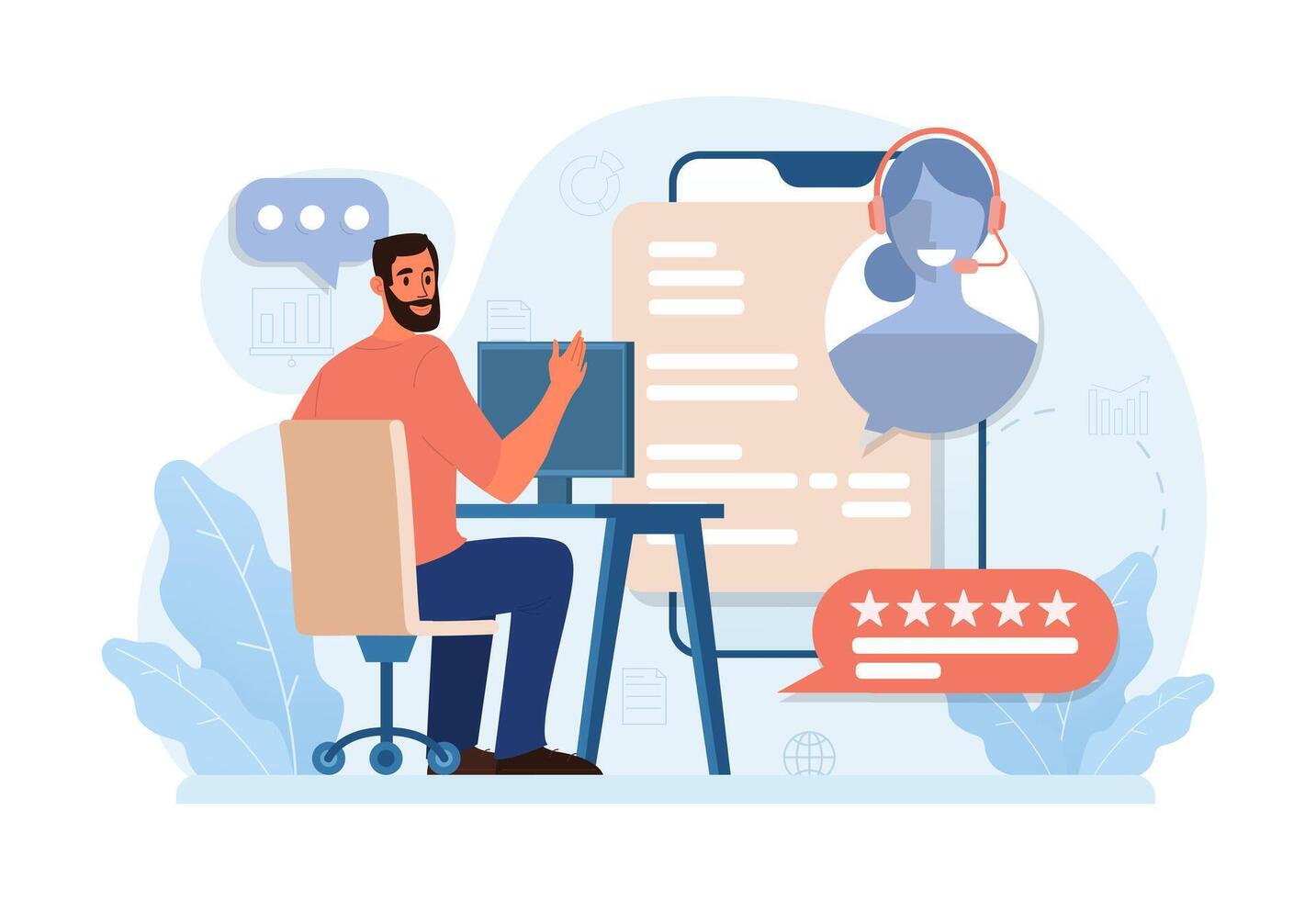 Customer feedback. Young female call center operator. Technical vector