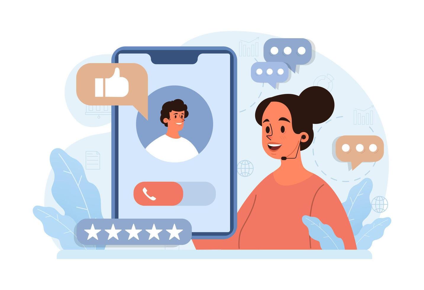 Customer feedback. Young female call center operator. Technical vector