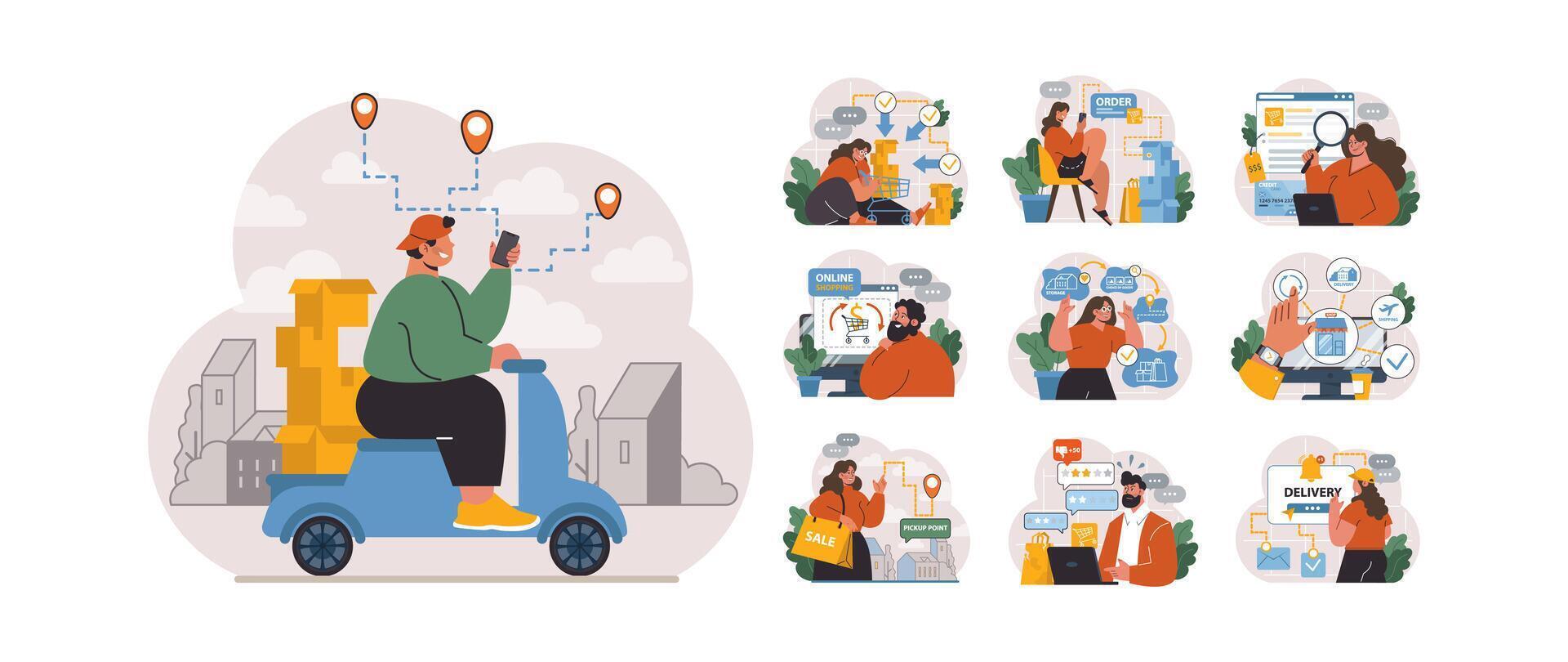 E-commerce set. Online shopping, character purchasing goods on a website vector
