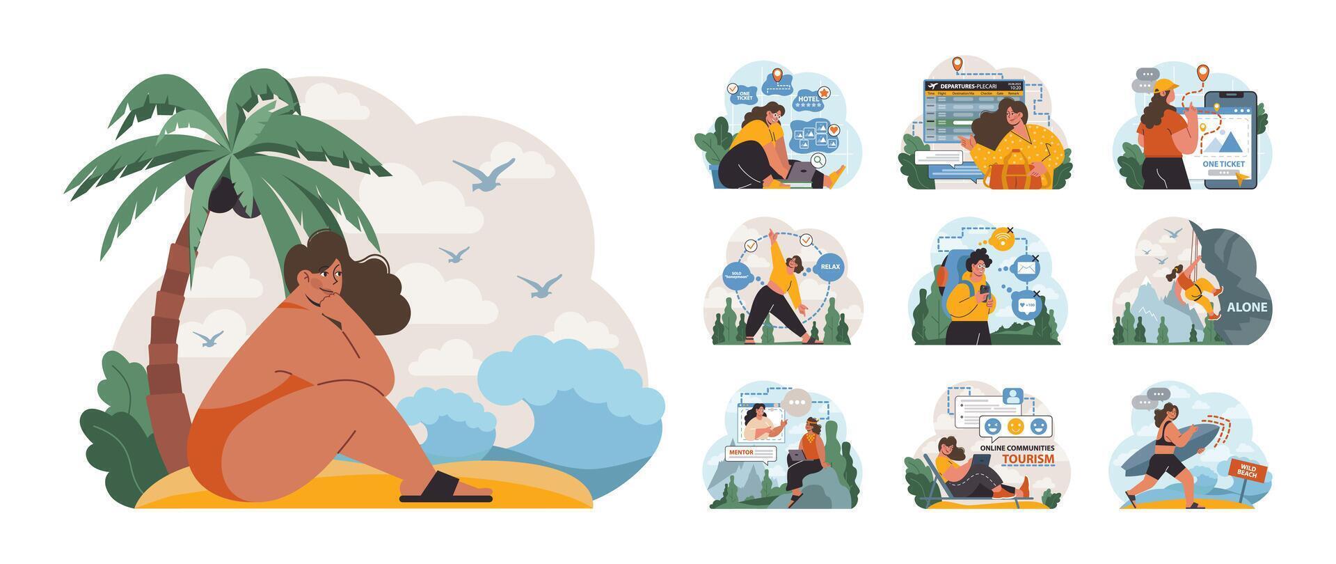 Solo travel, honeymoon set. Female character traveling alone. vector