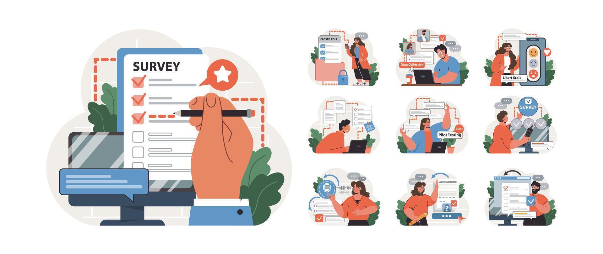 Public opinion polling set. Character participation in an online vector