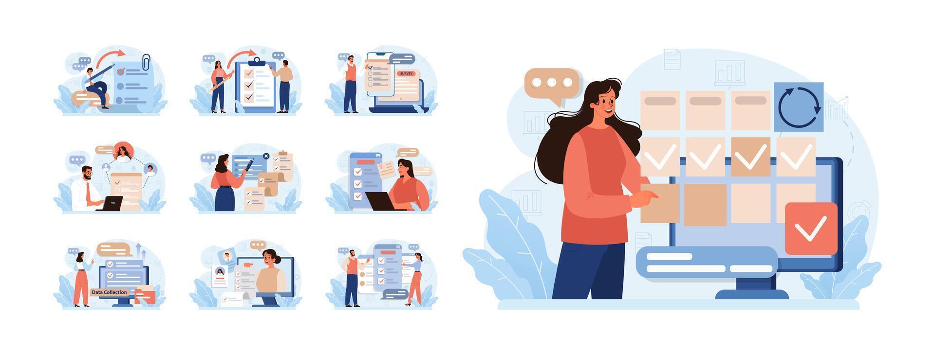 Public opinion polling set. Character participation in an online vector