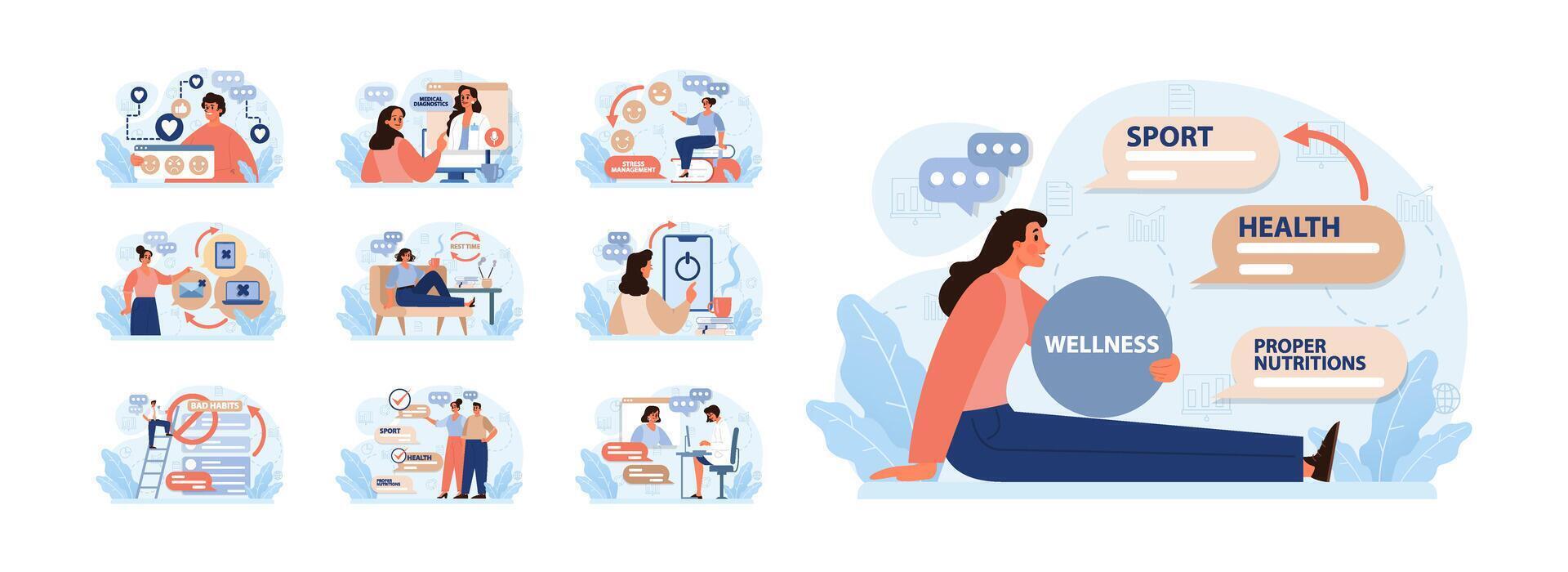 Modern wellbeing practice set. Slow, mindful and sustainable living. Urban vector