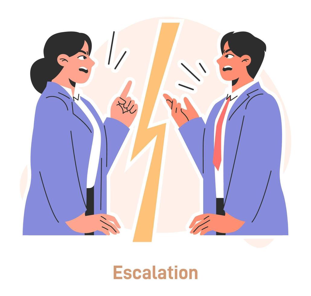 Escalation of conflict between coworkers. Tensed argument of two employees. vector