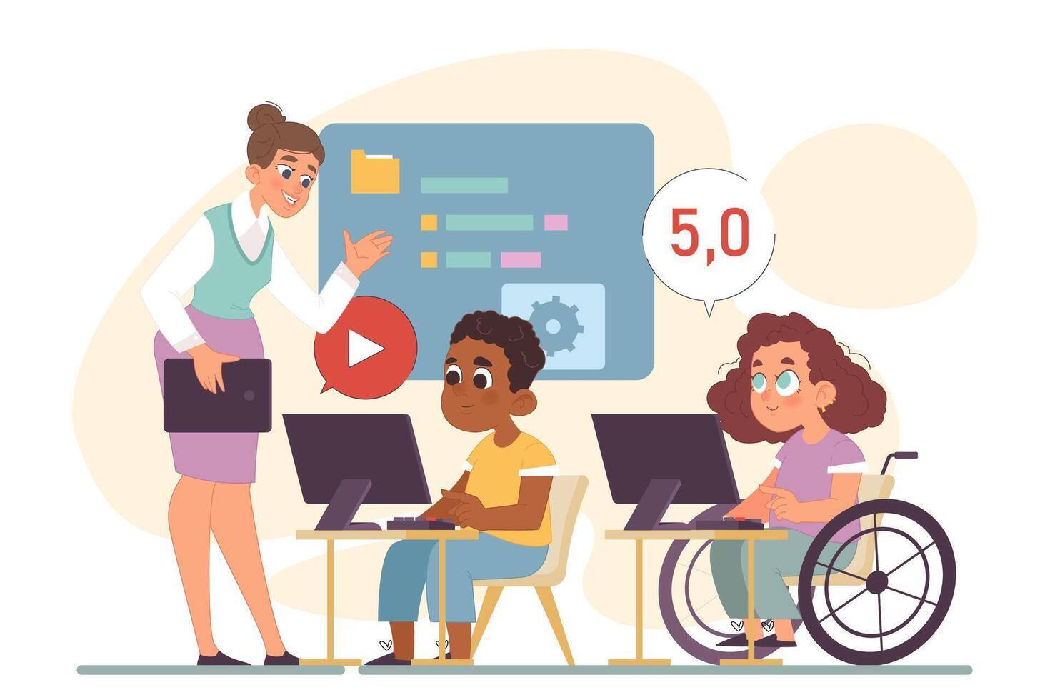 Computer science class for kids. Diverse children programming vector