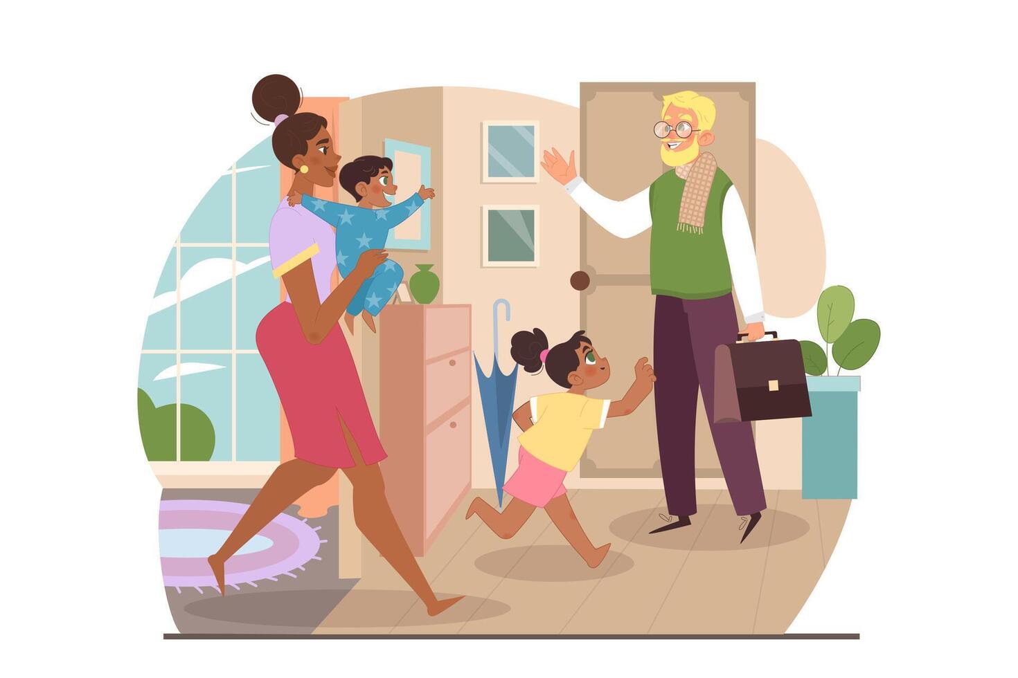 Happy interracial mixed family. Black afro american mother and kids vector