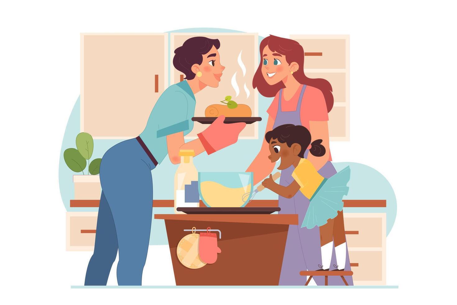 Cute homosexual lesbian couple with child making dinner at the kitchen. vector