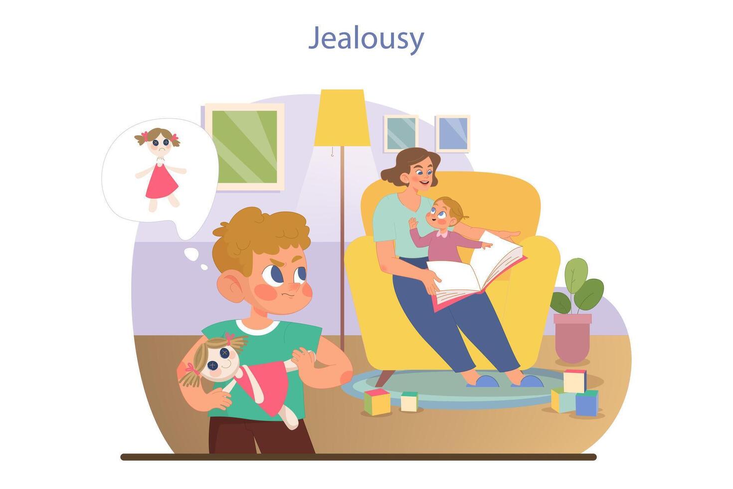 Children emotions. Little kid feels jealous about lack of attention. Sibling vector