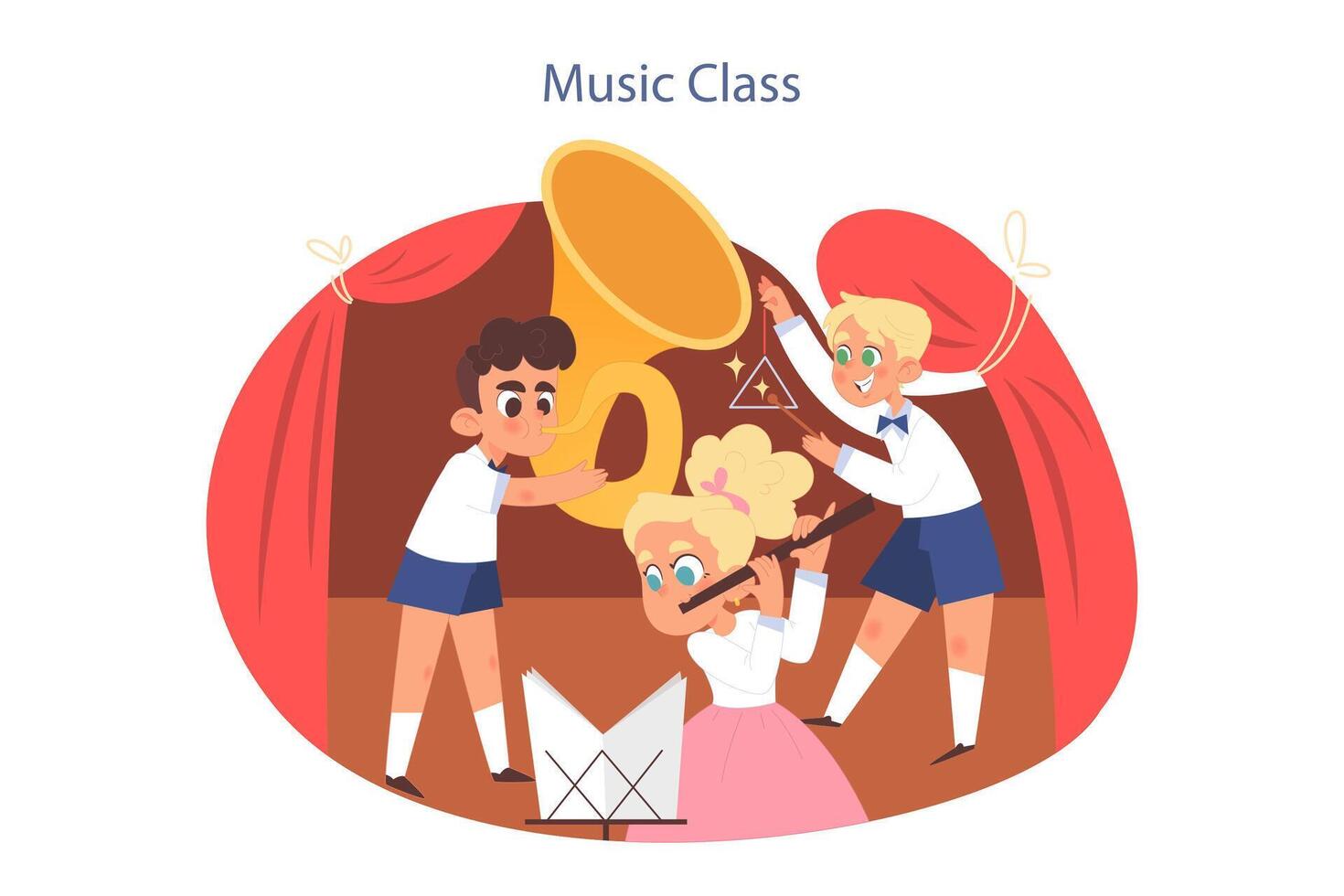 Music school or class. Students learn to play music. Young musician playing vector