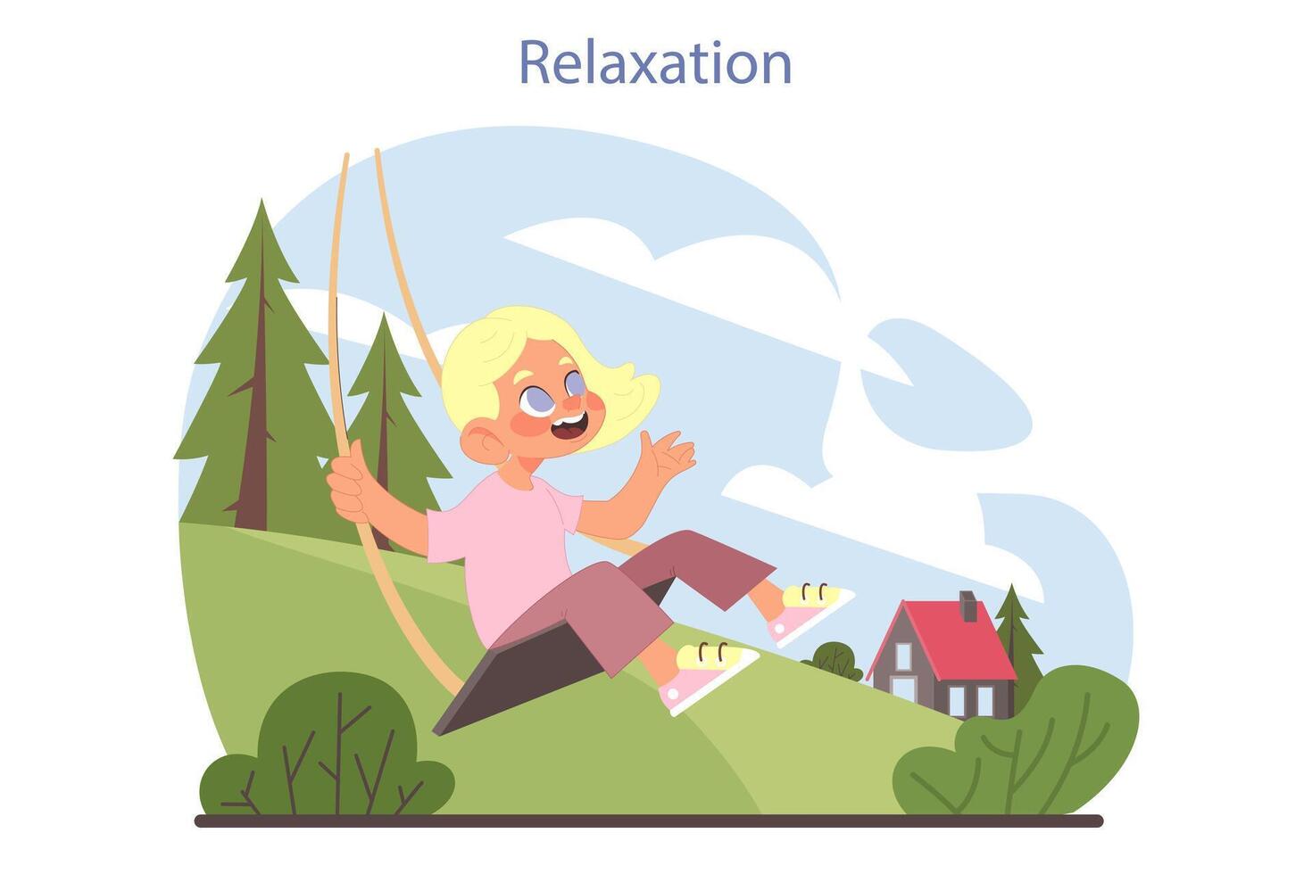 Children emotions. Little girl swinging. Smiling girl sitting riding on swing vector