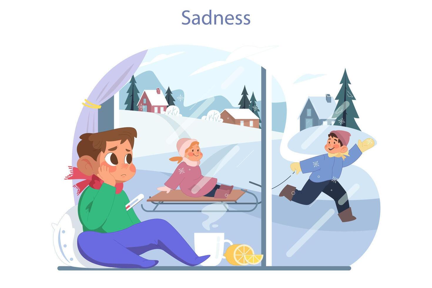 Sad sick boy wearing scarf, staying at home, looking through window vector