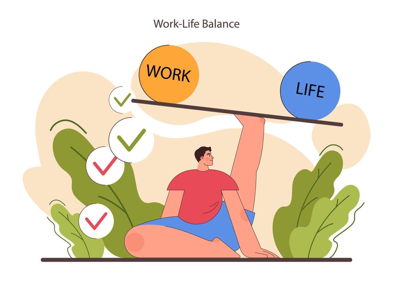 Work life balance. Male charcter in a yoga position. Modern vector