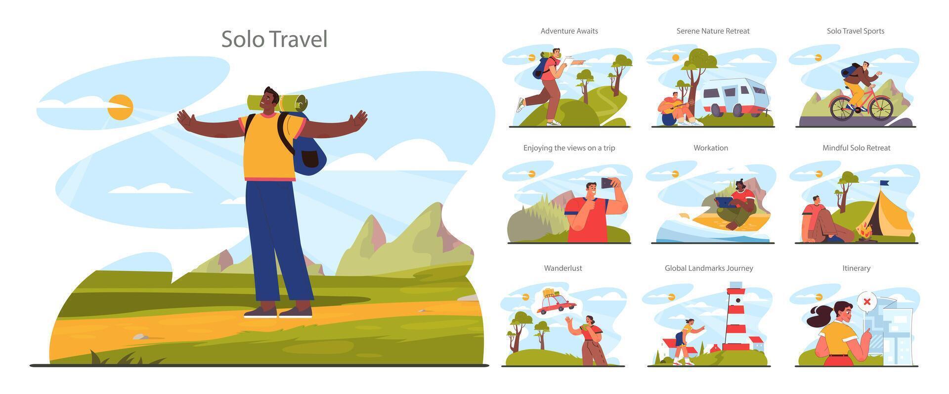 Solo travel set. Character traveling alone with a back pack. Outdoor relaxation vector