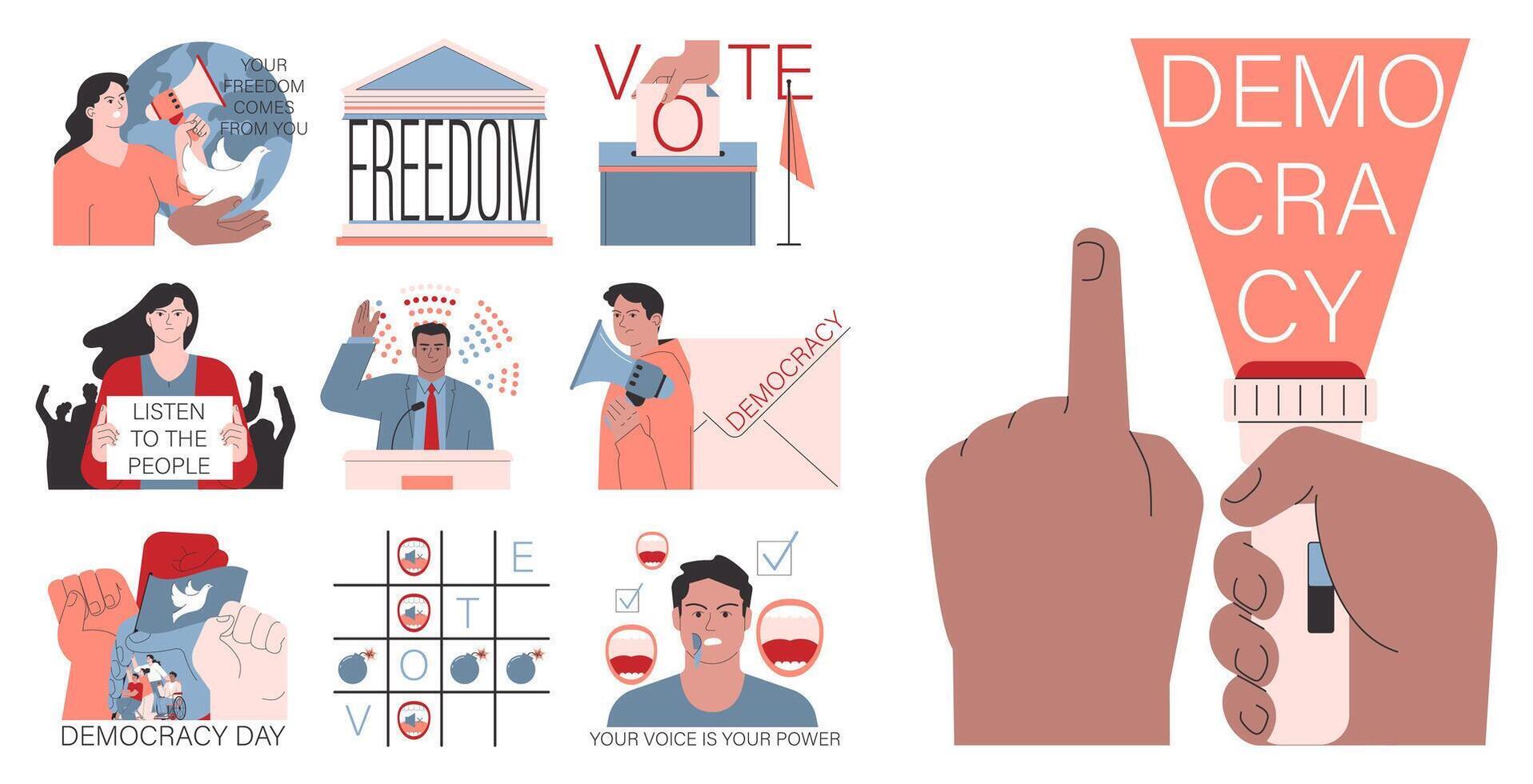 Democracy set. Political system, liberty and voting principle. Rule of law vector