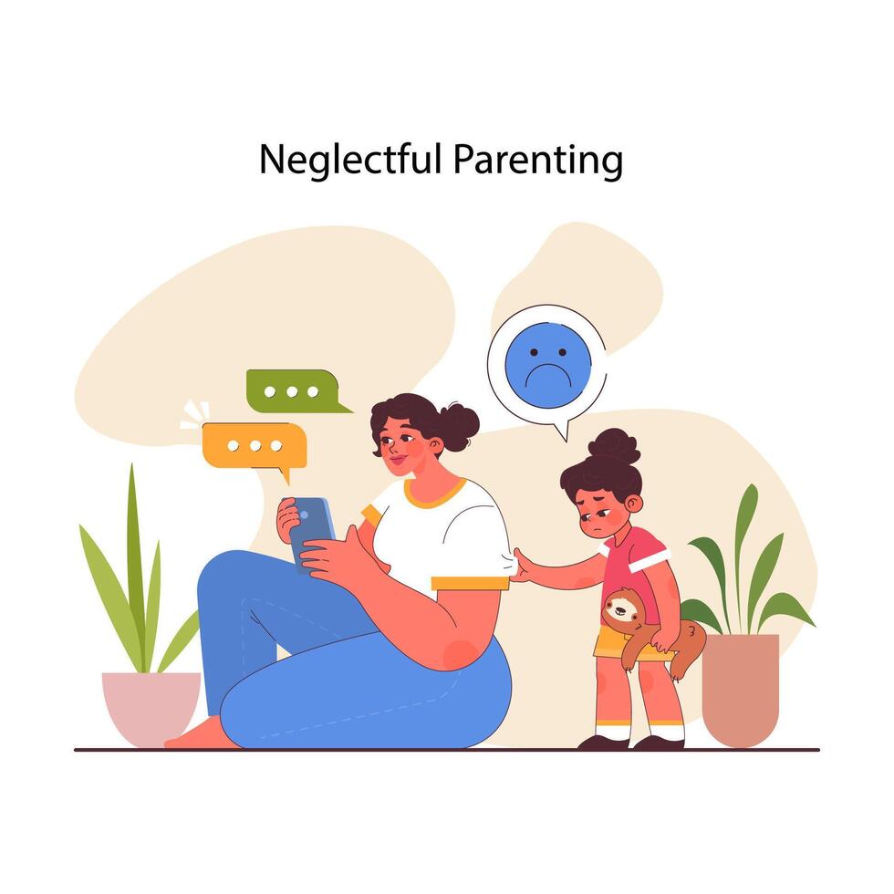Uninvolved or neglectful parenting style. Mom showing a lack of parental vector