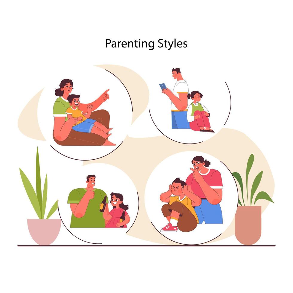 Parenting styles. Different children raising methods. Authoritative vector